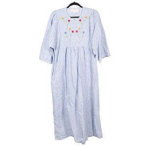 Herbcraft VTG Robe House Dress M Womens Blue White Striped Seersucker Floral